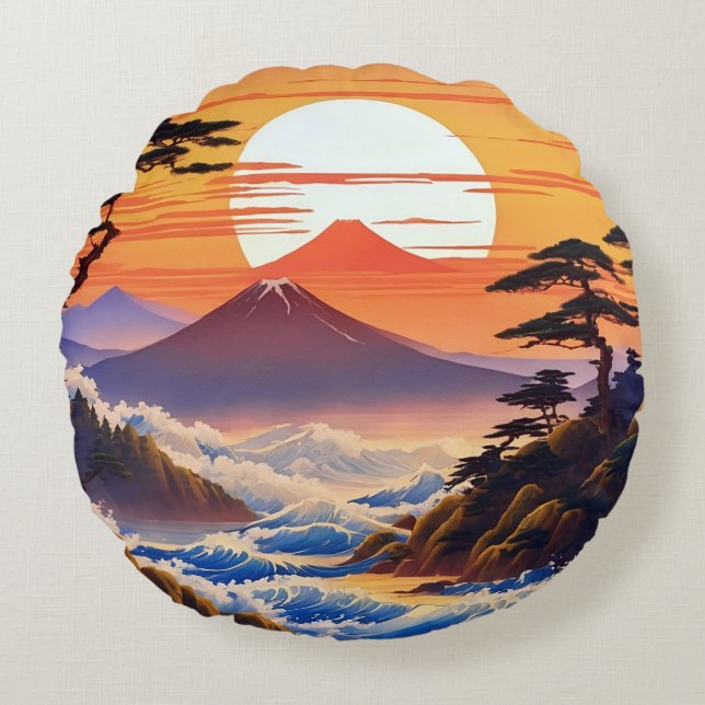 Japanese Sunrise Sunset Landscape Round Pillow (Front)