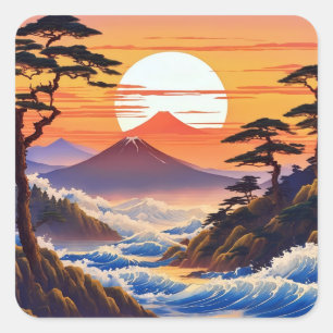 Japanese Sunrise Sunset Landscape Square Sticker