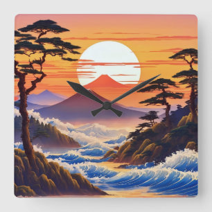 Japanese Sunrise Sunset Landscape Square Wall Clock