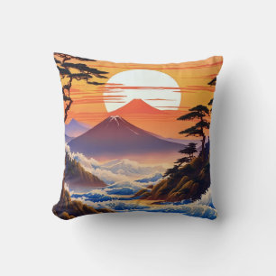 Japanese Sunrise Sunset Landscape Throw Pillow