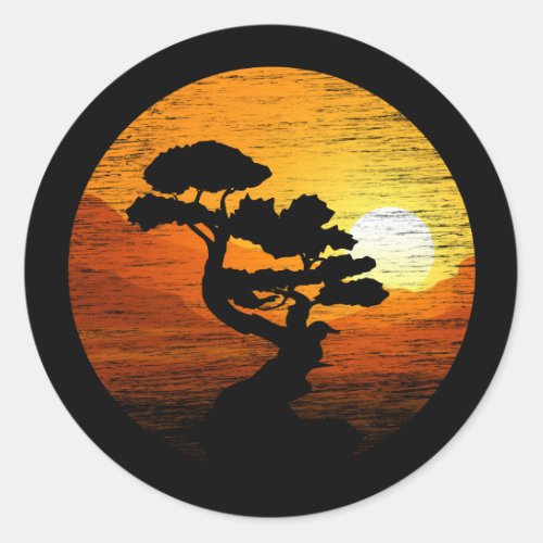 Japanese Sunset Art Nature Japan Bonsai Tree Classic Round Sticker