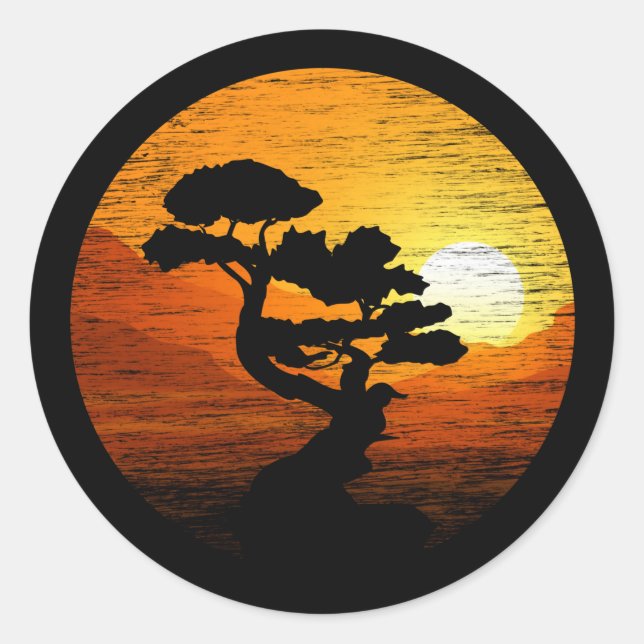 Japanese Sunset Art Nature Japan Bonsai Tree Classic Round Sticker (Front)