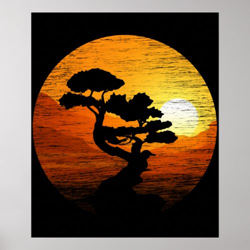 Japanese Sunset Art Nature Japan Bonsai Tree Poster