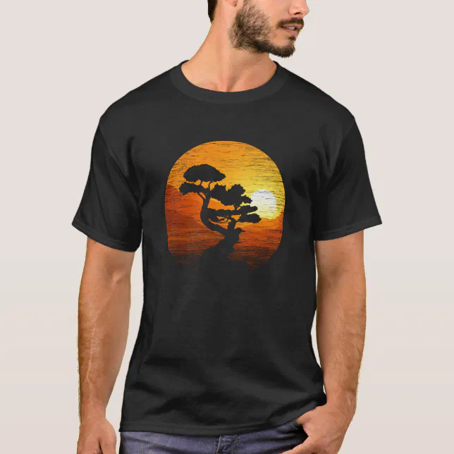 Japanese Sunset Art Nature Japan Bonsai Tree T-Shirt, Men's, Size: Small, Black