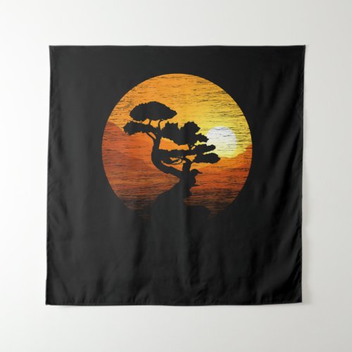 Japanese Sunset Art Nature Japan Bonsai Tree Tapestry