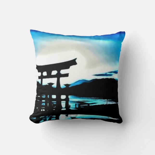 Japanese Sunset Temple Airbrush Art Throw Pillow (Front)