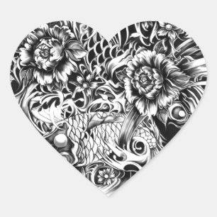 Japanese surf tattoo art from hand illustration. heart sticker