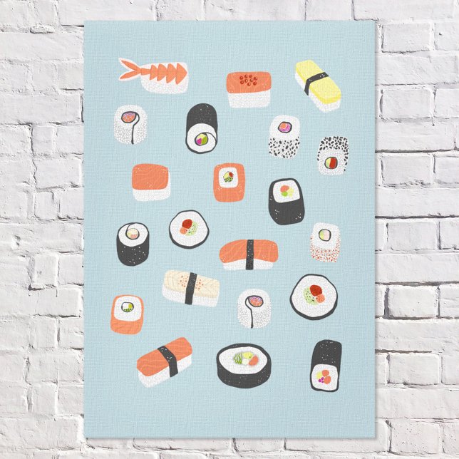 Japanese Sushi Blue Canvas Print (Japanese sushi fun wall art)