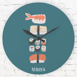 Japanese Sushi Custom Name Round Clock<br><div class="desc">Cute and delicious sushi food art on a deep green background.
Customize by changing or removing the name.</div>