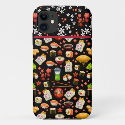 Japanese sushi fish dish pattern on black iPhone 11 case