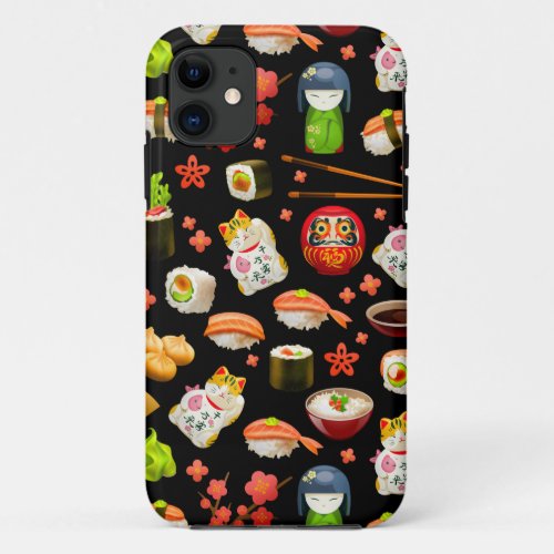 Japanese sushi fish dish pattern on black iPhone 11 case