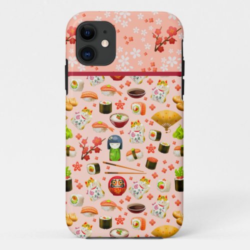 Japanese sushi fish dish pattern on pink iPhone 11 case