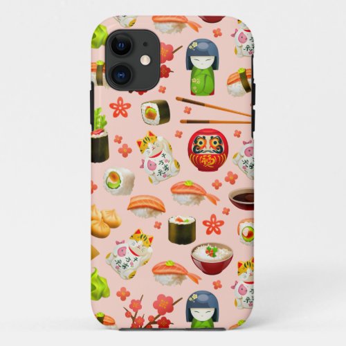 Japanese sushi fish dish pattern on pink iPhone 11 case