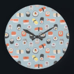 Japanese Sushi Nigiri Maki Roll Pattern Large Clock<br><div class="desc">Cute and delicious sushi food art pattern on a mid blue background.</div>