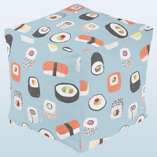 Japanese Sushi Nigiri Maki Roll Pattern Pouf (Japanese sushi food art pattern blue pouf)