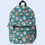Japanese Sushi Printed Backpack<br><div class="desc">Japanese food art pattern with sushi,  nigiri and maki rolls on a deep teal green background. Perfect for foodies,  chefs and gourmets.  Original art by Nic Squirrell.</div>