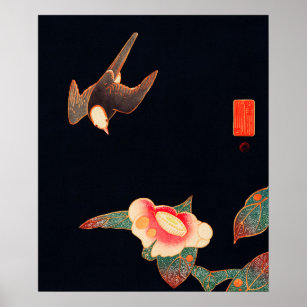 Japanese Swallow Camellia vintage design art ポスター Poster