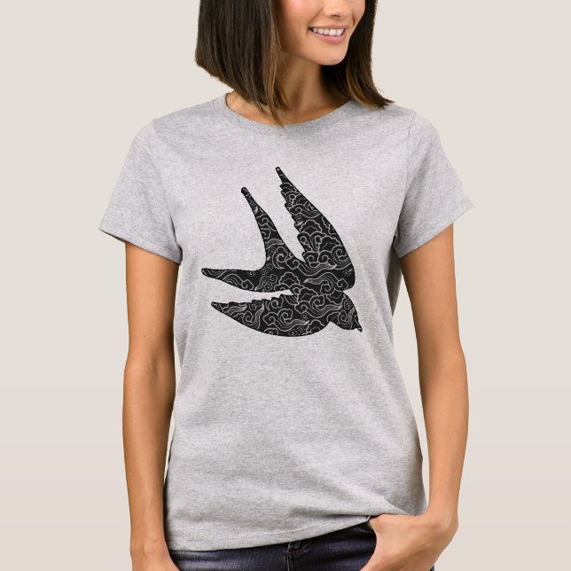 Japanese Swallow in Flight, Charcoal & Light Gray T-Shirt (Front)