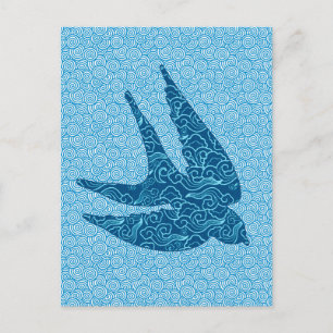 Japanese Swallow in Flight, Cobalt and Pale Blue Postcard