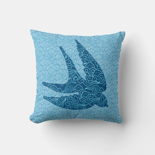 Japanese Swallow in Flight, Cobalt and Pale Blue T Throw Pillow (Front)