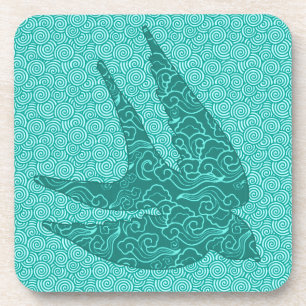 Japanese Swallow in Flight, Turquoise and Aqua Beverage Coaster