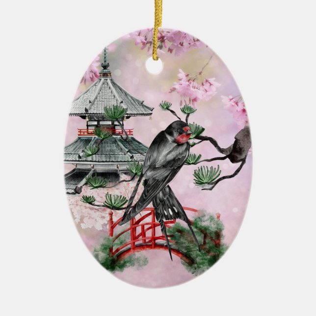 Japanese Swallow, Temple, Blossom Christmas Ceramic Ornament (Front)