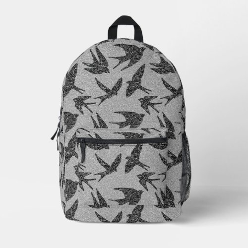 Japanese Swallows in Flight Black and Light Gray Printed Backpack
