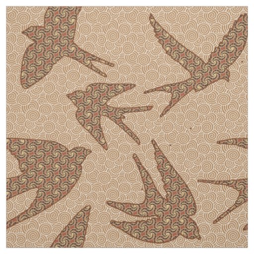 Japanese Swallows in Flight, Brown and Beige Fabric