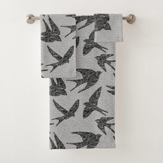 Japanese Swallows in Flight, Charcoal & Light Gray Bath Towel Set (Insitu)