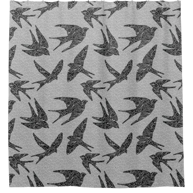 Japanese Swallows in Flight, Charcoal & Light Gray Shower Curtain (Front)