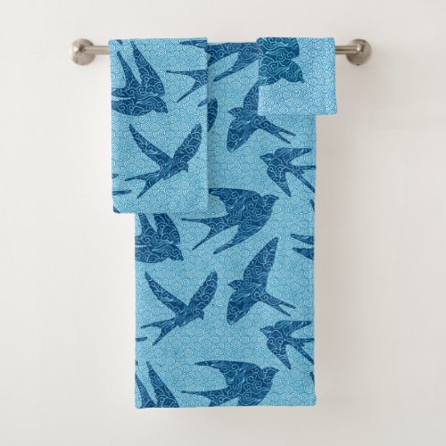 Japanese Swallows in Flight Cobalt and Pale Blue Bath Towel Set