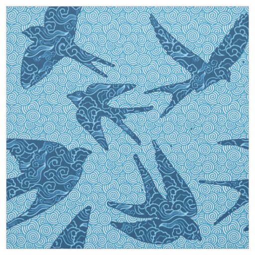 Japanese Swallows in Flight, Cobalt and Pale Blue Fabric