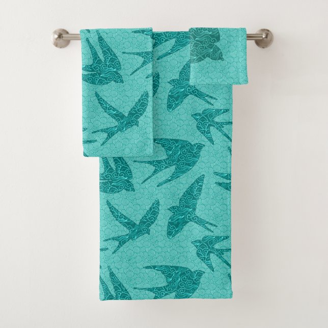 Japanese Swallows in Flight, Turquoise and Aqua Ba Bath Towel Set (Insitu)
