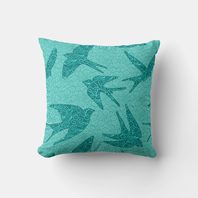 Japanese Swallows in Flight, Turquoise and Aqua Throw Pillow (Front)