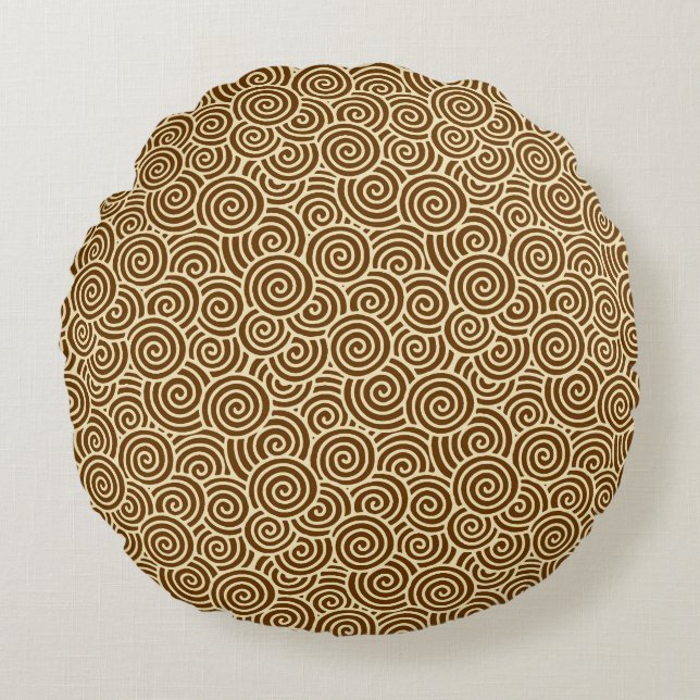 Japanese swirl pattern - chocolate brown round pillow (Front)