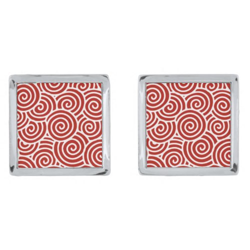 Japanese swirl pattern _ deep red and white silver cufflinks