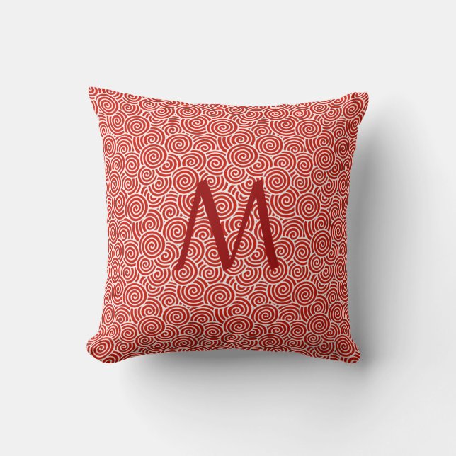 Japanese swirl pattern - deep red and white throw pillow (Front)