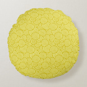 Japanese swirl pattern - mustard and light yellow round pillow