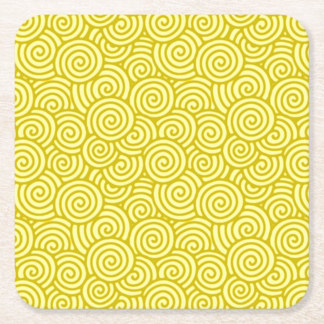 Japanese swirl pattern - mustard and light yellow square paper coaster (Front)
