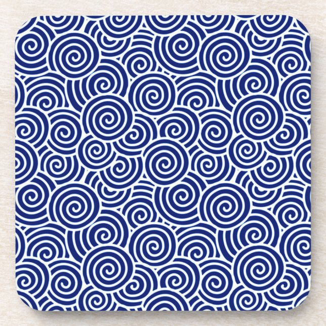 Japanese swirl pattern - navy blue and white beverage coaster (Front)