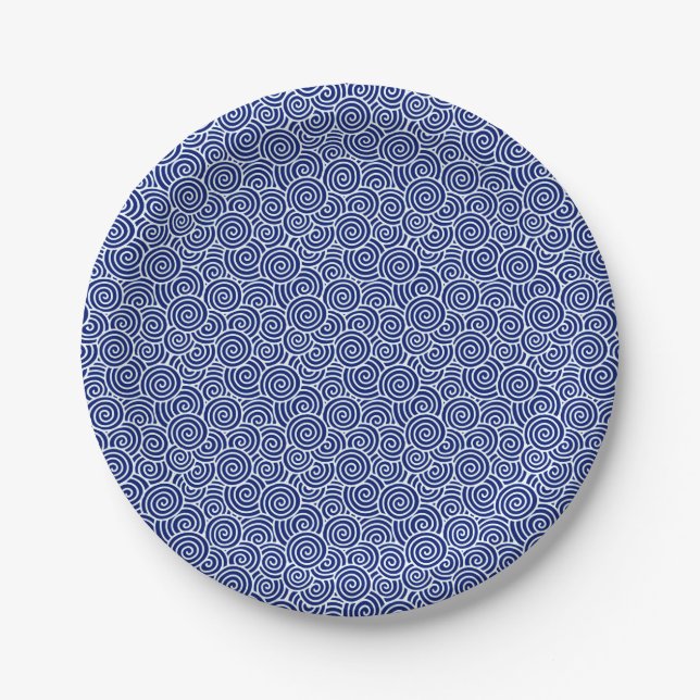 Japanese swirl pattern - navy blue and white paper plates (Front)