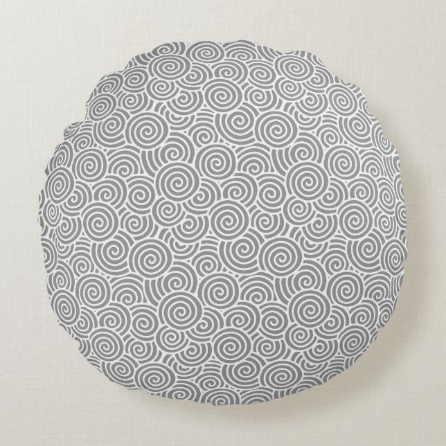 Japanese swirl pattern - silver grey / gray round pillow (Front)