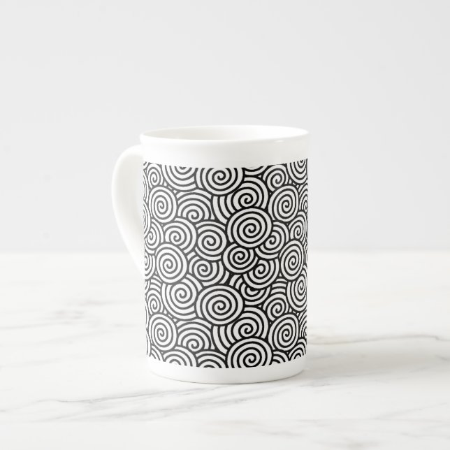 Japanese swirl pattern - white and black bone china mug (Front Left)