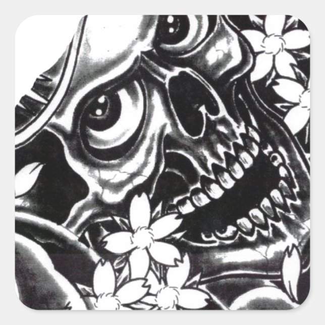Japanese tattoo skull square sticker (Front)