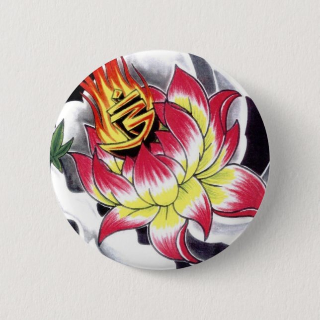 Japanese Tattoo Style Flaming Lotus Flower Pinback Button (Front)