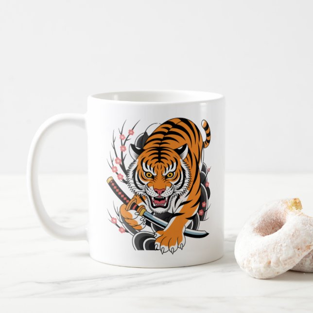 Japanese Tattoo Tiger Mug – Fierce Orange Tiger (With Donut)