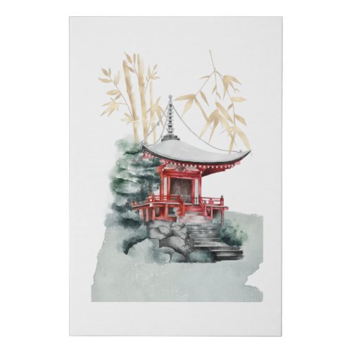 Japanese temple and bamboo gold faux canvas print