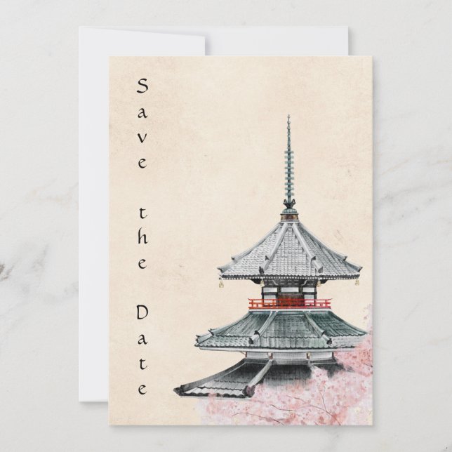 Japanese Temple and Cherry Blossoms Wedding Save The Date (Front)
