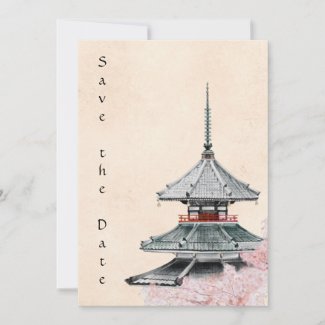 Japanese Temple and Cherry Blossoms Wedding Save The Date