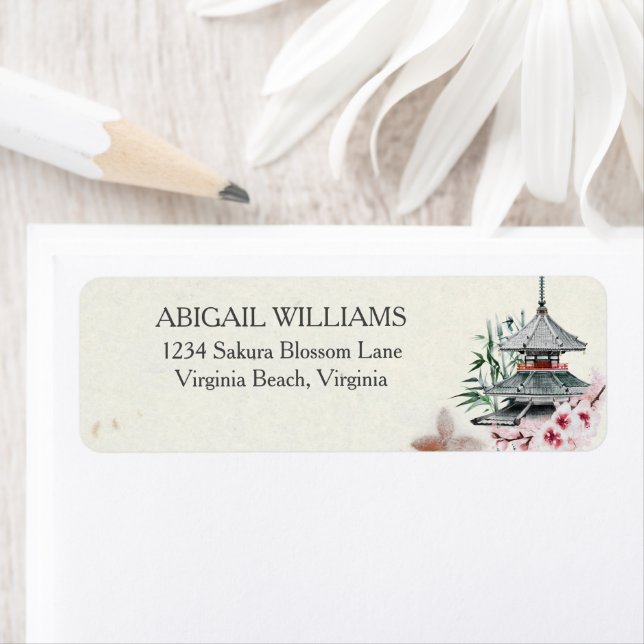 Japanese Temple, Bamboo, Cherry Blossoms Address Label (Insitu)